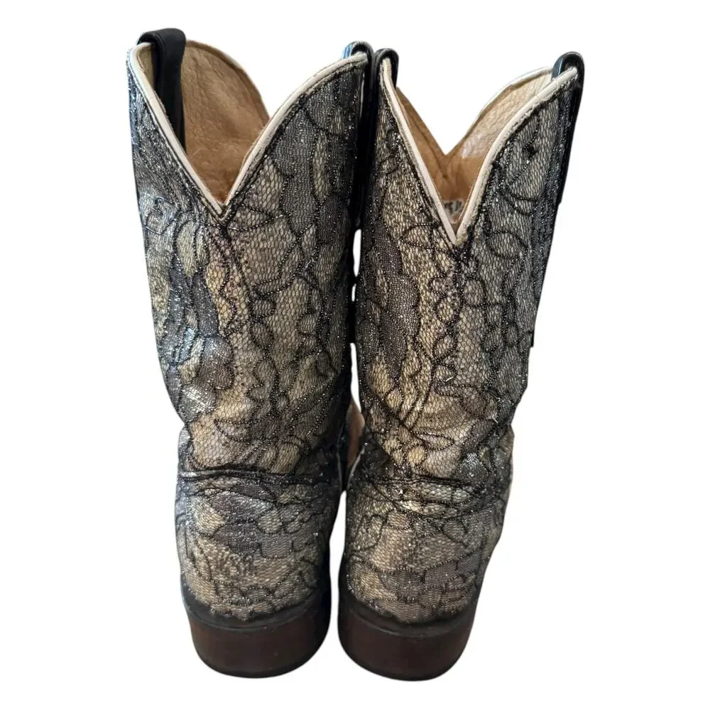 Tanner Mark Kids Youth 4 Metallic Lace Western Cowboy Boots Silver Black